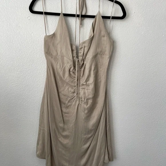 ZARA Ruched Mini Dress Soft Gold Tan | 2298/155 size XLarge Short Tie Neck - Picture 3 of 15